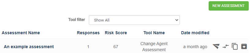 IMage showing the user's list of assessments after selecting My Diagnostics from the main app menu, displays a list of each assessment created. The list can be filtered by the tool used to create the assessment.