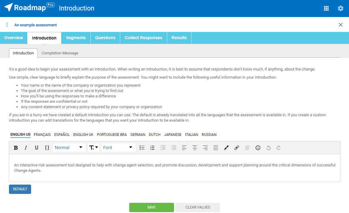 Image showing the custom introduction editing page.