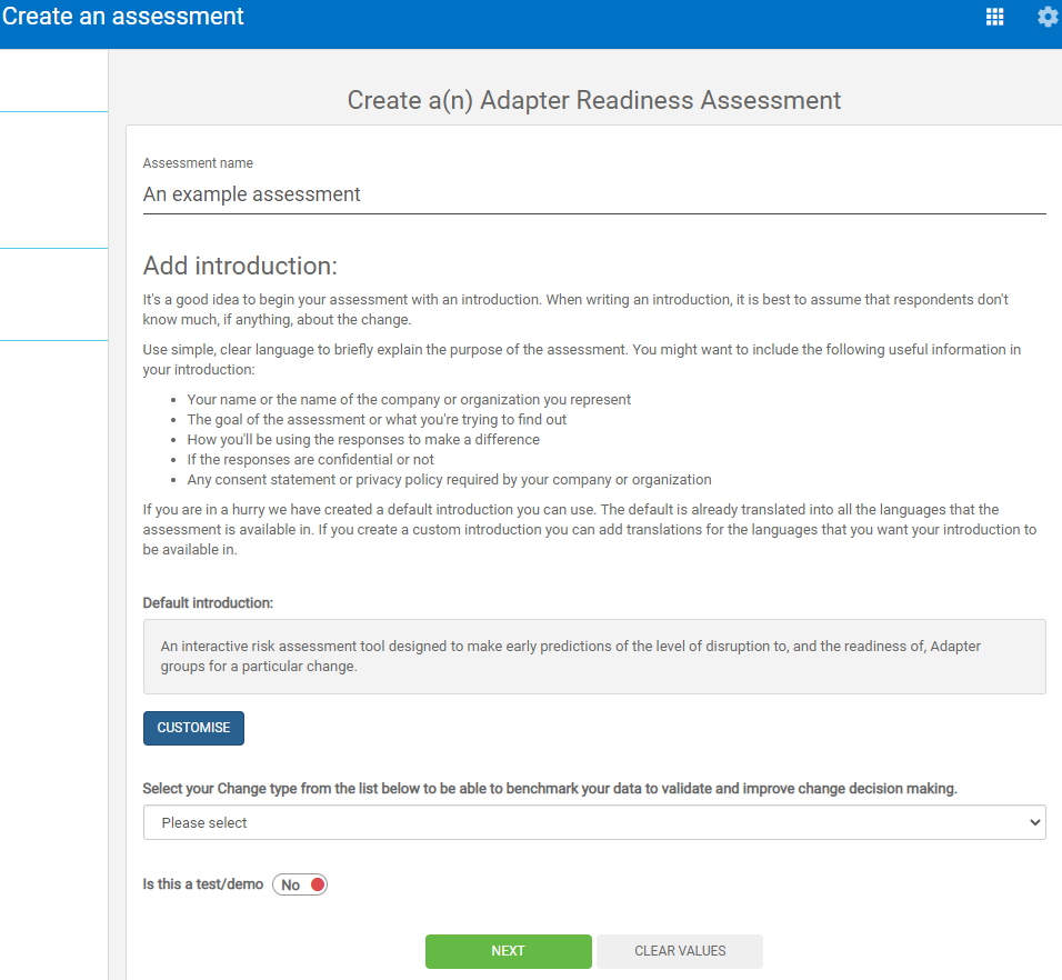 Image showing the Create an assessment page.