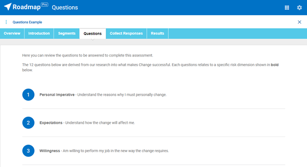 Image showing the assessment questions page which lists all risk dimensions and statements included in the specific tool that was used to create that assessment.